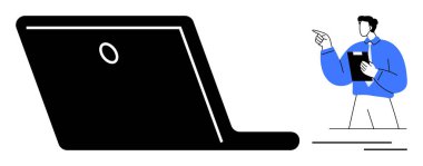 Elinde dosya tutan ve büyük bir dizüstü bilgisayarın yanında kendine güvenen bir adam. Teknoloji, iş, iletişim, eğitim, verimlilik ve rehberlik için ideal. Düz basit metafor