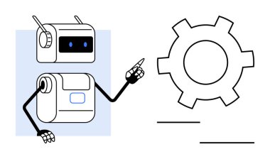 Teknolojiyi, otomasyonu ve problem çözmeyi sembolize eden antenli bir robot. Teknoloji, mühendislik, mekanik, otomasyon, yenilik, yapay zeka ve basit iniş sayfası için ideal