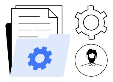 Dişli simgesi, belge, dişli sembolü ve kullanıcı avatarıyla klasörü aç. Veri düzenleme, belge işleme, takım çalışması, iş akışı optimizasyonu, otomasyon yönetim araçları için ideal basit iniş sayfası