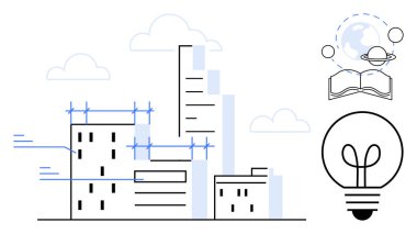 İnşaat halindeki gökdelenler, eğitim ve küresel bilgiyi sembolize eden açık kitaplar ve yenilikler için ampuller. Yaratıcılık, eğitim, mimari, kentleşme için ideal