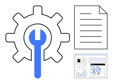 İngiliz anahtarını sembolize eden aletler ve onarım, raporlar için belge, ve kavrayış için analiz penceresi. Teknoloji, üretkenlik, bakım, iş akışı, analitik ve organizasyon için ideal