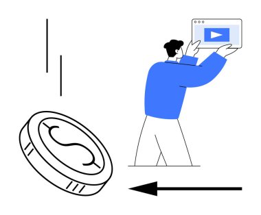 Adam video oynatıcı çerçevesini bir çalma tuşuna benzetiyor, büyük para düşüyor, ok yönü gösteriyor. Finans, pazarlama, yatırım, reklam, video oluşturma, basit iniş sayfaları için ideal