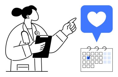 Doktor elinde bir not panosu, işaretli tarihli takvimin üstündeki kalp simgesini gösteriyor. Sağlık, programlama, hatırlatıcılar, sağlık, randevular, zaman yönetimi, düz metafor için ideal