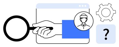Web sayfasını ayarlar teçhizatı ve soru işaretiyle kaplayan kullanıcı profili simgesinin yanında büyüteç kullanarak el. Araştırma, adam toplama, sorun çözme, destek, analiz, karar, basit