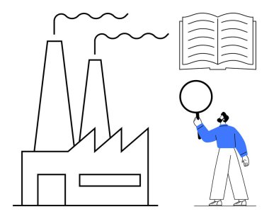 Bacalı fabrika, büyüteçle inceleme yapan kişi ve açık kitap. Endüstri, teftiş, araştırma, eğitim, uyum, analiz kalite kontrolü için ideal basit iniş sayfası