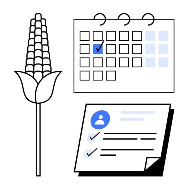 Takvimin yanındaki mısır bitkisinin organizasyon, hasat planlaması, verimlilik takibi için kontrol listesi var. Tarım, sürdürülebilirlik, zamanlama, yönetim, iş akışı için ideal