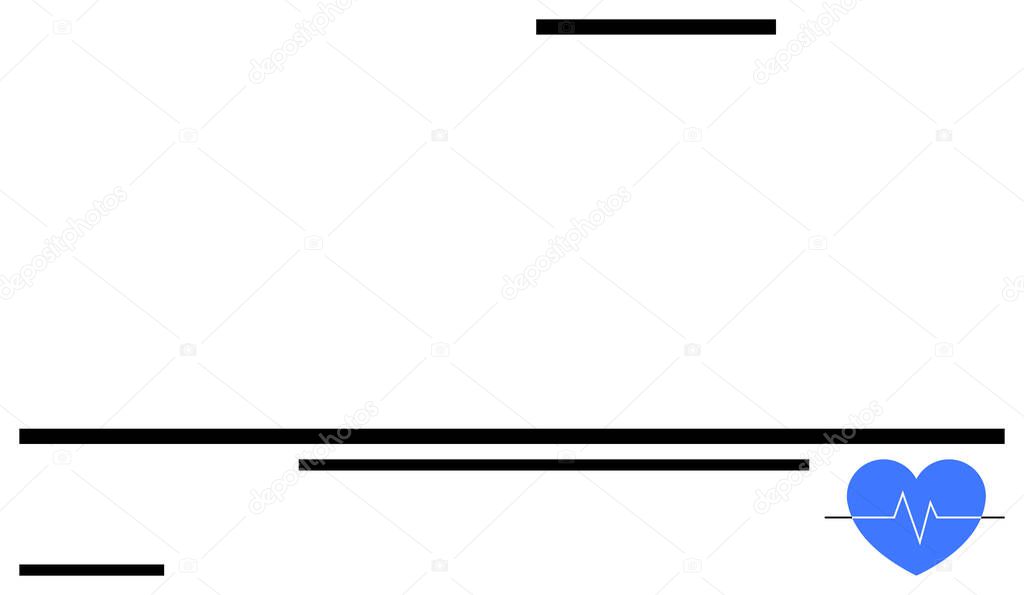 Blue heart with white cardiogram surrounded by horizontal black lines of varying lengths and spacing. Ideal for medical, health, wellness, cardiology, fitness tracking, data visualization, simple