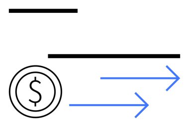 Para, para transferi, hareketi ya da değişimi simgeleyen iki mavi okun yanında. Siyah çizgiler yapı ekler. Finans, para transferi, ödeme sistemi, çevrimiçi bankacılık, fintech işlemleri için ideal