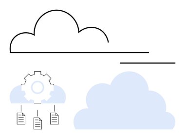 Merkezi vites ile bağlantılı soyut bulut şekilleri ve dosya simgeleri bulut depolama, işbirliği ve teknolojiyi temsil ediyor. Yenilik, bilişim hizmetleri, teknolojik çözümler ve veri paylaşımı için ideal. Düz