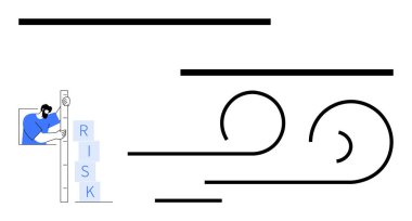 Soyut siyah çizgilerin yanında risk bloklarını dikkatlice istifleyen kişi zorlukları, stratejiyi ve hareketi sembolize ediyor. Risk yönetimi, sorun çözme, büyüme, liderlik ve planlama için ideal