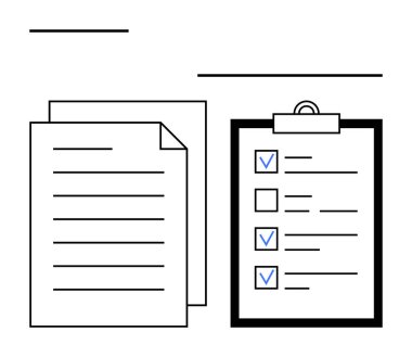 İşaretlenmemiş ve işaretlenmemiş kutular içeren bir listenin yanında metin bulunan kağıtlar. Üretim, planlama, organizasyon, iş akışı, iş, görevler, basit iniş sayfası için ideal