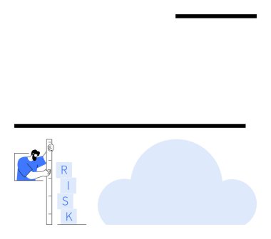 Bir bulut yapısı yakınındaki risk bloklarını dengeleyen işadamı, güvenlik, strateji ve karar verme mekanizmasını temsil ediyor. Risk analizi, bulut çözümleri, takım çalışması, yenilik, liderlik işi için ideal
