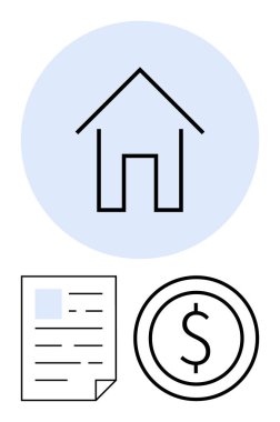 Mali belgenin üzerinde ev simgesi ve dolar işaretli madeni para. Ev sahipliği, ipotek, gayrimenkul, emlak yatırımı, mali planlama, bütçe planlaması için ideal