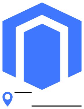 Konum iğnesi ve yatay çubuğu olan bir binayı andıran altı köşeli şekil. Navigasyon, konum hizmetleri, gayrimenkul, lojistik, haritalama araçları, ticari markalaşma, düz basit