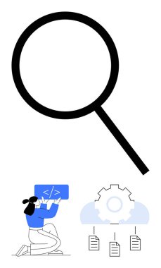 Dev büyüteç, kodlama ekranı tutan kadın, dişli simgesi olan bulut ve dosyalara bağlantılar. Arama, veri analizi, geliştirme, bulut hesaplaması, dosya paylaşımı, takım çalışması için ideal basit