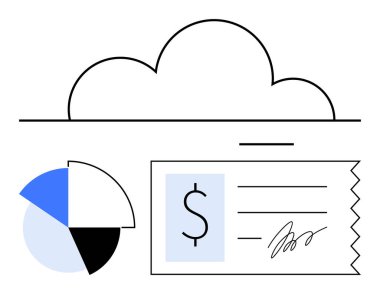 Finansal makbuz ve analitik pasta grafiğinin üstündeki bulut. Finans, dijital ödeme, bulut hesaplama, veri yönetimi, muhasebe, iş büyümesi, fintech için ideal. Düz basit metafor