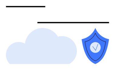 Bulut grafiği ile kalkan simgesi eşleştirildi. Bulut depolama, siber güvenlik, çevrimiçi gizlilik, teknoloji güvenliği, veri şifreleme, güvenli çözümler, basit iniş sayfası için ideal