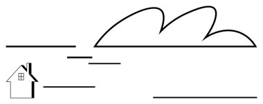 Baca ile çevrili küçük bir ev rüzgarı simgeleyen dalgalı hatlar, yukarıdaki büyük soyut bulut şekli. Doğa, dinginlik, ev, hava, minimalizm, manzara sakinliği için idealdir. Düz basit