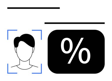 Siyah kutunun içindeki yüzde işaretinin yanında mavi tarama çerçevesinde basitleştirilmiş yüz hatları. Teknoloji, yapay zeka, veri analizi, güvenlik, biyometri, istatistik ve yenilik için ideal. Düz basit metafor