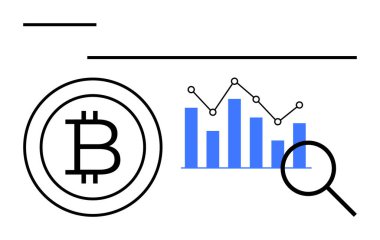 Bitcoin işareti, büyüteç, baro çizelgesi ve çizgi grafiği. Kripto para, finans, yatırım, analitik, engelleme teknolojisi, dijital ekonomi, çevrimiçi ticaret için ideal. Düz basit