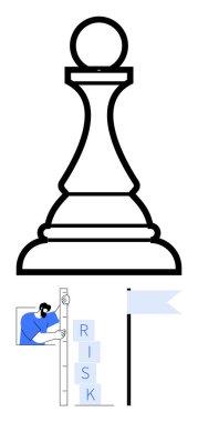 Satranç piyonunun sembolize ettiği strateji, risk bloklarını ölçen adam, başarıyı temsil eden hedef bayrağı. Strateji, yönetim, karar verme, liderlik, büyüme, rekabet için ideal basit iniş sayfası