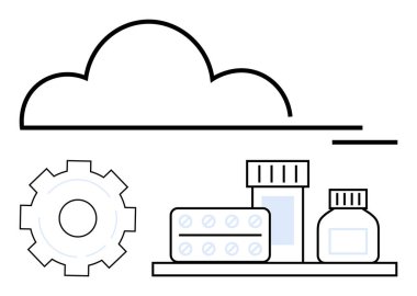 İlaç ve teçhizatın üzerinde bulut anahatları, sağlık hizmetlerindeki teknolojiyi temsil ediyor. Teletıp, yenilik, tıbbi veriler, çevrimiçi eczane, verimlilik, sağlık yönetimi, basit iniş sayfası için ideal