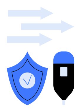 Kontrol işaretli bir kalkan, güvenli bir jetona benzeyen bir cihaz ve veri güvenliğini, aktarımını ve hızını simgeleyen ileri oklar. Siber güvenlik, gizlilik, teknoloji, kimlik doğrulama koruması için ideal