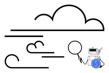 Robot, bükülmüş çizgiler ve büyüteçle çizilmiş bulut gibi rüzgar akışını inceliyor. Teknoloji, veri analizi, hava durumu, yapay zeka, araştırma, yenilik, bilim iletişimi, düz basit