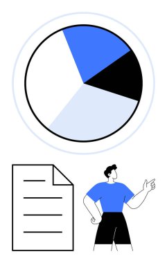 Veri segmentlerini vurgulayan turta grafiği, metinli belge ve açıklayan bir sunucu. Veri görselleştirme, analiz, iş stratejisi, raporlar, eğitim, takım çalışması için ideal basit bir metafor