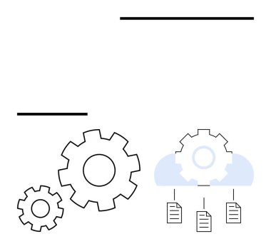 Birbirine bağlı vitesler bulut simgesi paylaşım belgeleriyle otomatik süreçleri sembolize eder. Takım çalışması, veri yönetimi, otomasyon, iş akışı, bulut depolama, üretkenlik ve yenilik için ideal. Düz basit