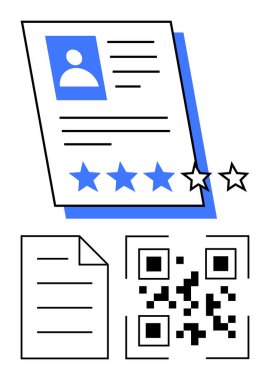 Yıldız reytingleri, detaylı erişim için bir QR kodu ve düz bir metin belgesi olan sayfaya devam et. İşe alım için ideal, profesyonel değerlendirme, dijital kimlik, uzaktan işe alım, insan kaynakları markası. Düz basit