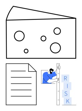 Büyük İsviçre peyniri dilimi, çizgili doküman kağıdı ve blok ve ölçekli risk seviyelerini ölçen kişi. Risk değerlendirmesi, güvenlik analizi, iş stratejisi, sorun çözme, kalite