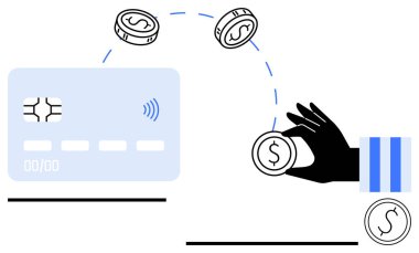 Kredi kartının yanında hareket halindeki bozuk paralarla el ele tutuşma dijital ödeme akışı ve finansmanı vurguluyor. Teknoloji, bankacılık, e-ticaret, ulaşılamaz, tasarrufsuz, nakitsiz, fintech temaları için ideal
