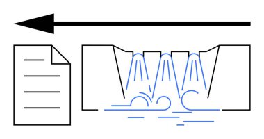 Sol tarafı gösteren ok, çizgileri olan kağıt, bölümlerden akan su, sistem akışını gösteren mavi oklar. Konseptler için ideal veri akışını, süreçleri, geri dönüşümü, dönüşümü paraflar