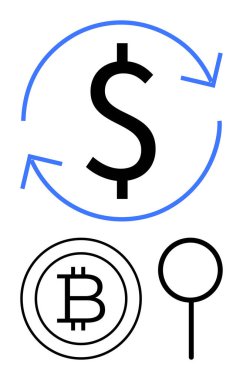 Bitcoin ikonu ve büyüteçin yanında bir dolar işareti etrafında dairesel oklar. Finans, kripto para birimi, yatırım, analiz, ekonomi, araştırma, dijital ticaret için ideal. Düz basit metafor