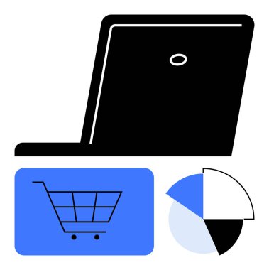 Laptop silueti, alışveriş arabası ikonu, pasta tablosu. E-ticaret, veri analizi, çevrimiçi ticaret, piyasa araştırması, teknoloji dijital pazarlama modern ticaret için idealdir. Düz basit metafor