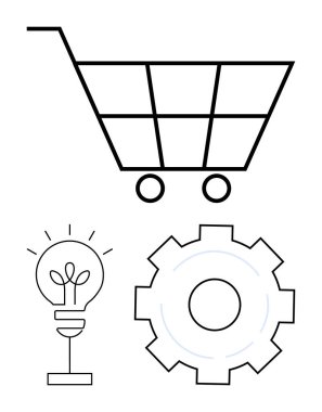 İki tekerli alışveriş arabası, ışınlı ampul ve teçhizat. Yenilik, teknoloji, e-ticaret, iş stratejisi, süreç otomasyonu, perakende çözümler için ideal basit iniş sayfası