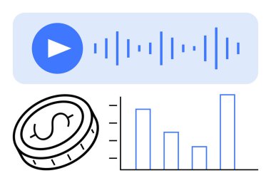 Dalga görselleştirmeli ses oynatma tuşu, dolar para simgesi ve bar tablosu. Finans, analitik, ses teknolojisi, çevrimiçi iş, yatırım büyümesi, para kazanma ve basit iniş sayfası için ideal