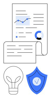 Çizelgeler, grafikler ve metin içeren yuvarlanmış belge, fikirleri sembolize eden ampul ve veri güvenliği için kalkan. Analiz, yenilik, strateji, yaratıcılık araştırma koruması için ideal basit