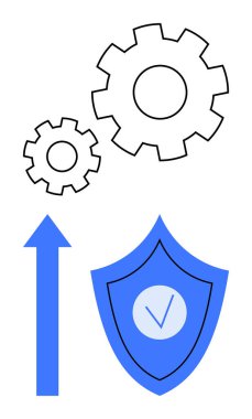 Yukarı doğru mavi bir ok ve kalkanla birbirine kenetlenmiş iki dişli kontrol işareti, sistem güvenliğini, gelişmeyi, işbirliği ve verimliliği simgeliyor. İş ve teknoloji için ideal.