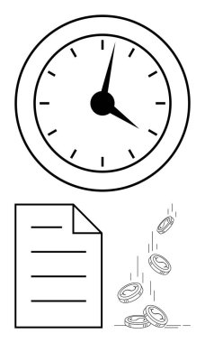Zaman yönetimini, verimliliği, finansal planlamayı ve maliyet verimliliğini sembolize etmek için düşen saat, belge ve sikkeler. Finans, iş stratejisi ve tasarruf programı için ideal