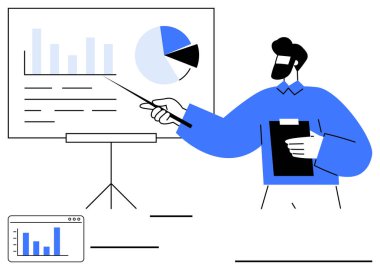 Sunum ekranındaki çizelge ve grafiklere işaret eden kişi elinde bir kalemle bir pano tutuyor. Analiz için ideal, rapor hazırlığı, takım çalışması, eğitim, eğitim, strateji, iletişim