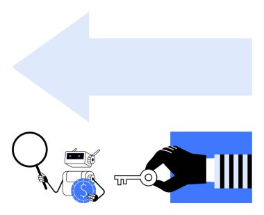 Robot parayı büyüteçle inceliyor, elde erişimi ve çözümleri sembolize eden anahtarlar sunuyor. Teknoloji, finans, yenilik, siber güvenlik, analiz, potansiyel kilidi açmak için ideal. Modern