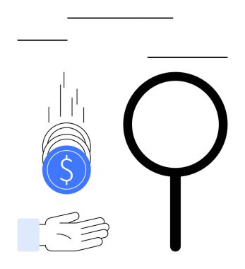 Bir büyüteçin yanında bozuk paralara uzanan el. Finans, ekonomi, tasarruf, yatırım, iş analizi, parasal kavramlar için ideal, basit iniş sayfası