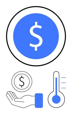 El çabukluğu, işaretli bir dolar işareti ve termometre. Finans, tasarruf, yatırım, ekonomi, bağış toplama, hedef belirleme ve basit iniş sayfası için ideal