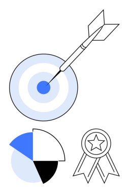 Dart tam on ikiden vurdu, segmentli pasta grafiği, ve yıldızlı ödül rozeti. Hedefler, analitik, tanınma, performans, başarı odaklanma ve strateji için idealdir. Düz basit metafor