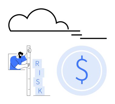 Yığılmış blokları analiz eden adam RISK etiketli, büyük dolar işareti ve bulut. Finans, risk değerlendirmesi, iş stratejisi, tasarruflar, bulut ekonomisi, analitik ve basit iniş sayfası için ideal