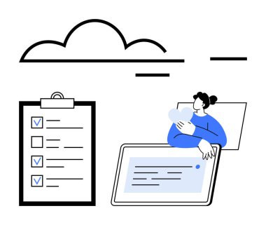 Tamamlanmış görevleri olan kontrol listesi, bulutların altında kahveyi tabletle tutan kişi. Üretkenlik, organizasyon, iş yönetimi, belge iş akışı, bulut depolama, verimlilik, basit iniş sayfası için ideal