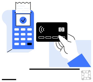 POS terminalinin yanındaki kredi kartında fiş var. Finans, perakende, ödeme, teknoloji, temassız işlem, alışveriş, basit iniş sayfası için ideal