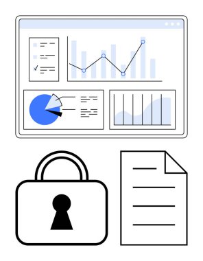 Üzerinde grafikler, pasta grafiği ve asma kilit ve belge sayfası olan analitik gösterge paneli. Siber güvenlik, gizlilik, veri şifreleme, raporlama, uyum, analitik dijital için ideal